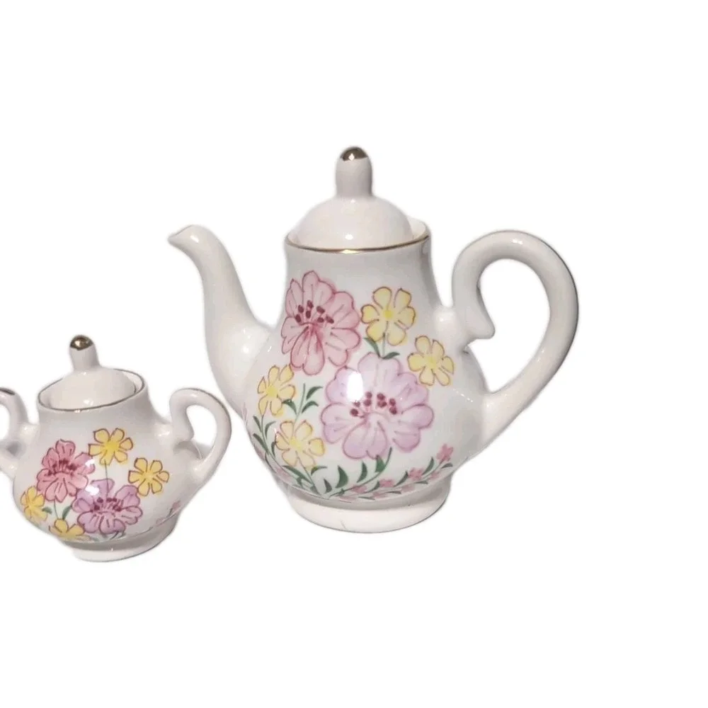 Dollhouse Set Of Miniature Ceramic Plates, Teapot, Cups, & Cream Vintage Flowers
